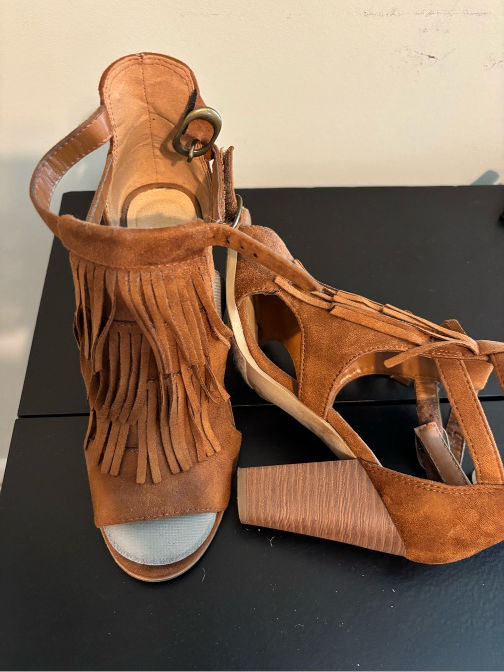 Jeffrey Campbell Brown Suede Fringe Block Heel Sandals